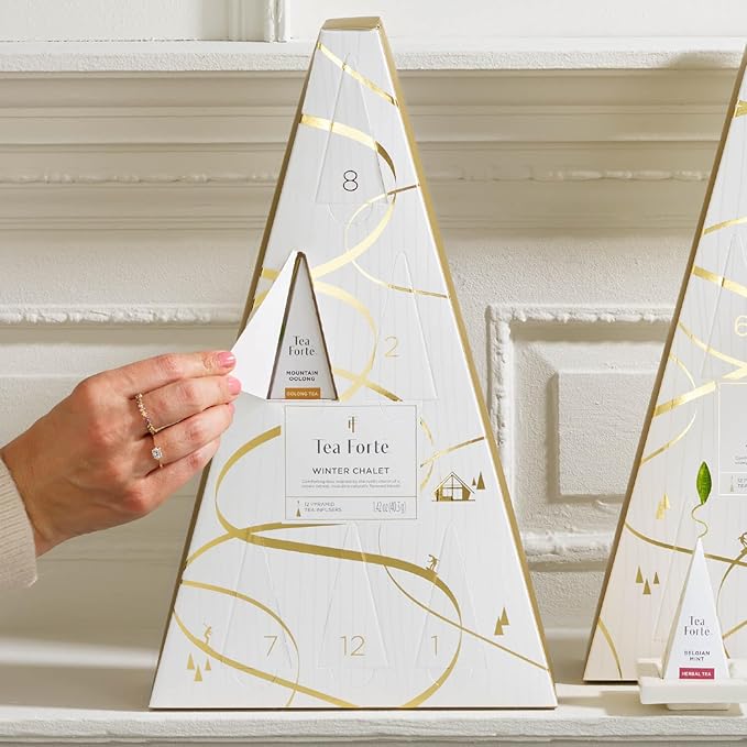 Tea Forte Tea Advent Calendar Gift Set; 12 Individually Wrapped Handcrafted Assorted Pyramid Infuser Tea Bags with Numbered Doors, Winter Chalet - Bloomnest