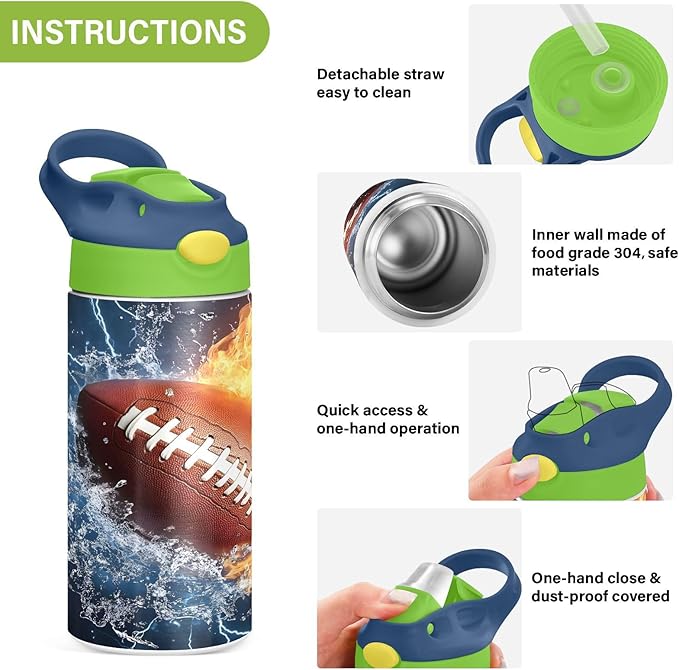 Rugby Football Fire Lightning Kids Water Bottle with Straw Lid Insulated Tumbler with Handle Stainless Steel Reusable Toddlers Cup for Kids Boys 12 oz - Bloomnest
