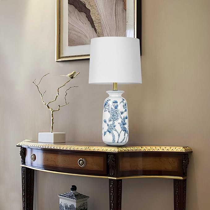 24.25" Blue Ceramic Table Lamp for Living Room, Classic Blue and White Lamp for End Table, Blue Birds and Flowers Lamps, Traditional China Nightstand Lamp for Bedroom - Bloomnest