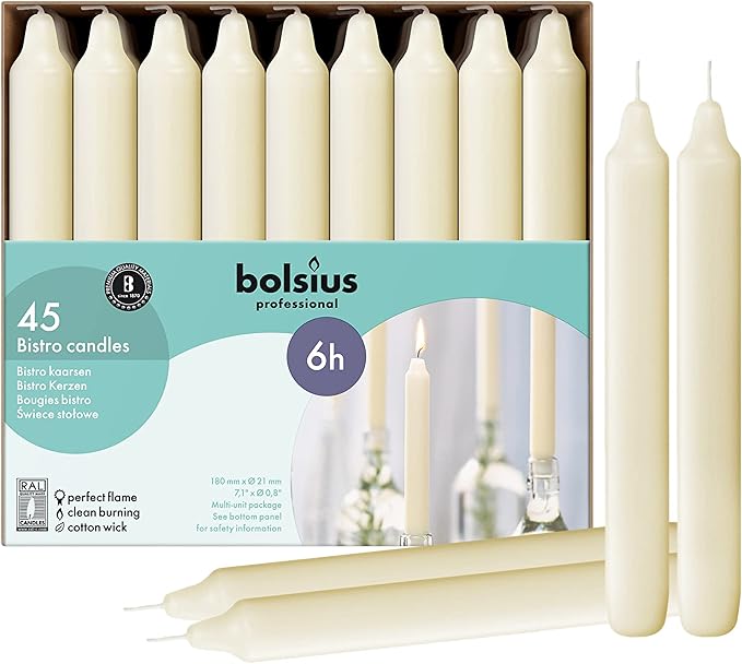 BOLSIUS Ivory Household Candles Bulk Pack 45 Count - Unscented Dripless 7 Inch Dinner Candlesticks - 6+ Hours Burn Time - Premium European Quality - Consistent Smokeless Flame - 100% Cotton Wick - Bloomnest