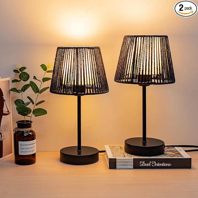 Touch Boho Lamp Dimmable, 3-Way Bedside Table Lamp 14.2", Rope Light for Bedroom Nightstand Farmhouse, Bulb Included, 2 Packs (Black) - Bloomnest