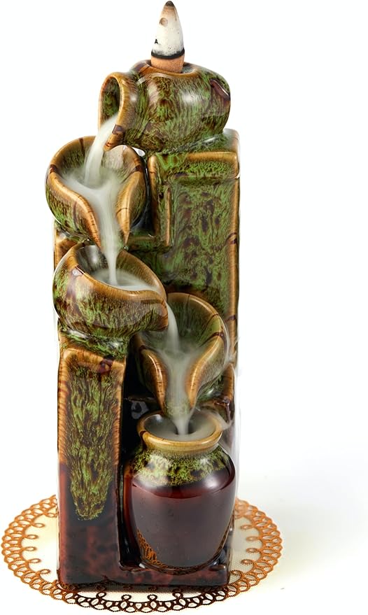 Unique Cascading Basins Ceramic Waterfall Incense Holder, Paired with a Pack of Backflow Incense Cones. (Fambe Green) - Bloomnest