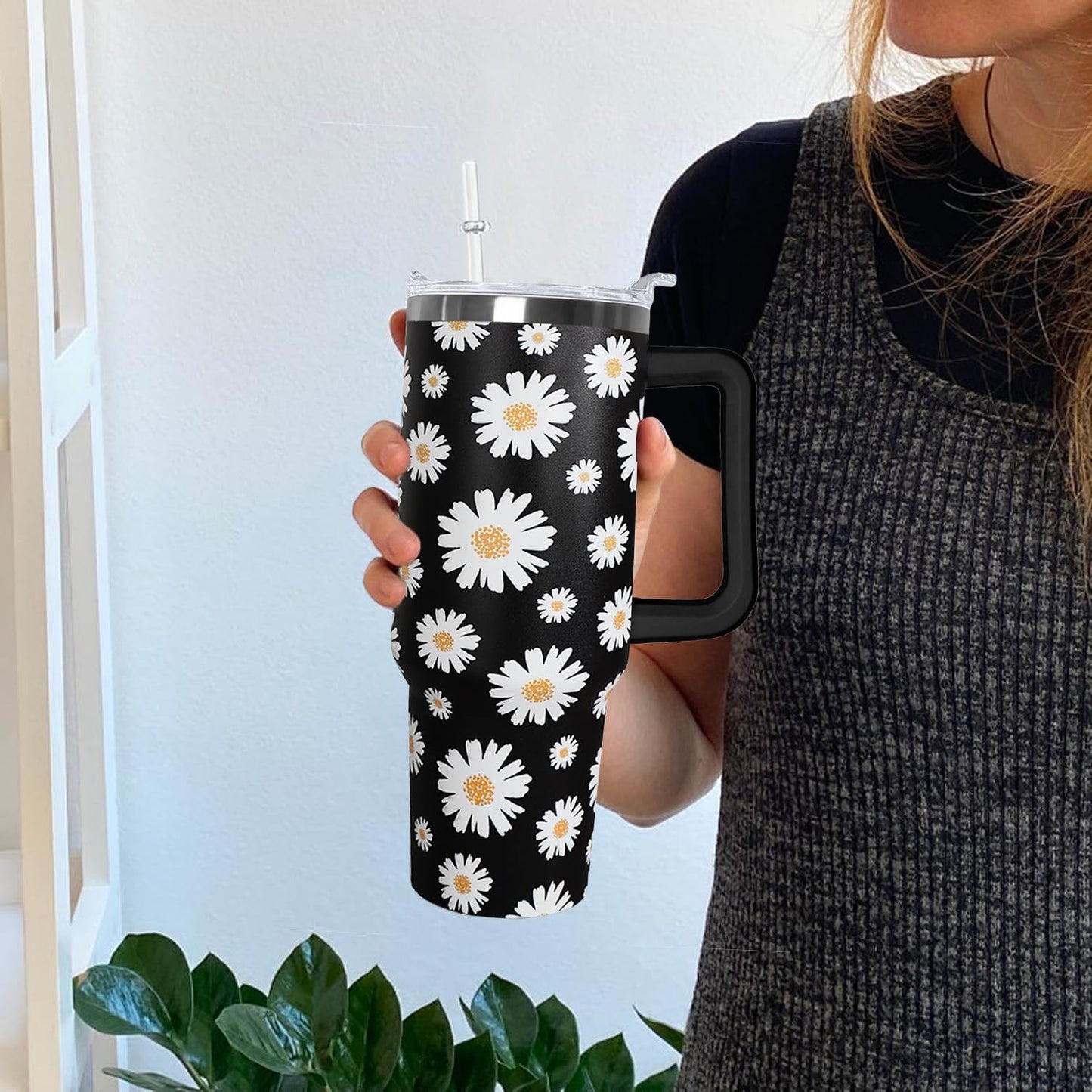Ceovfoi 40 Oz Daisy Tumbler With Handle,Daisy Coffee Travel Mug Cup Water Bottle,Daisy Decor,Daisy Gifts for Women