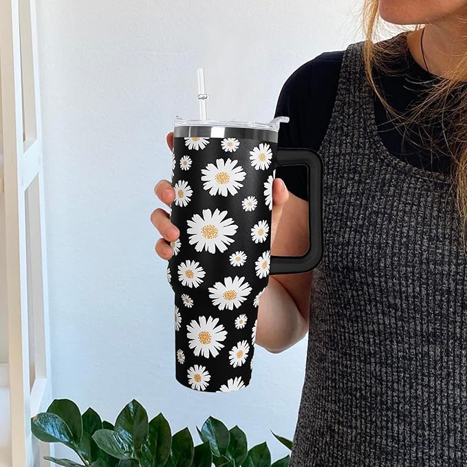 Ceovfoi 40 Oz Daisy Tumbler With Handle,Daisy Coffee Travel Mug Cup Water Bottle,Daisy Decor,Daisy Gifts for Women - Bloomnest
