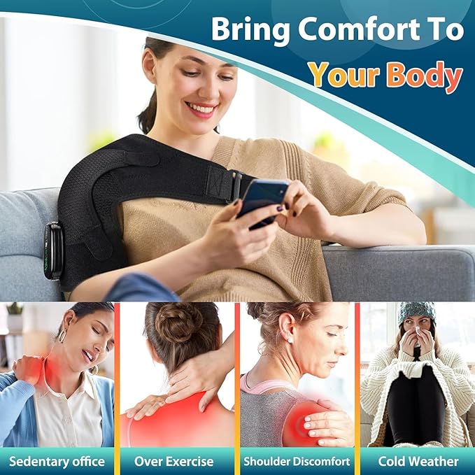 Cordless Shoulder Heating Pad with Massage, Shoulder Massager for Pain Relief, Heated Shoulder Wrap, 3 Heat & 3 Massage Modes, Rotator Cuff Shoulder Brace - Bloomnest