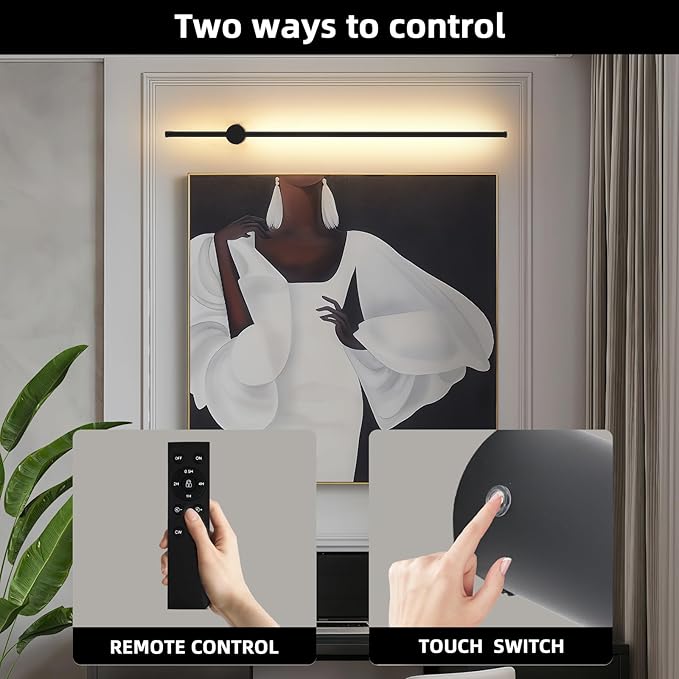LED Wireless Wall Sconce with Remote Control, Dimmable/350° Rotate/Timing/USB Rechargeable Battery Powered Indoor Wall Lamps, 39.9 inch Black Wall Lights Set of Two for Hallway, Living Room, Bedroom - Bloomnest