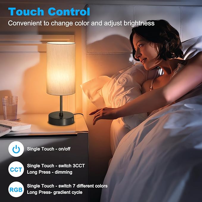 Unicozin Small Table Lamp, 7 RGB & 3 CCT 3000K/4500K/6500K, Stepless Dimmable Bedside Lamp with Grey Shade, Touch Control Ambience Nightstand Light for Living Room Dorm Home Decor Party - Bloomnest