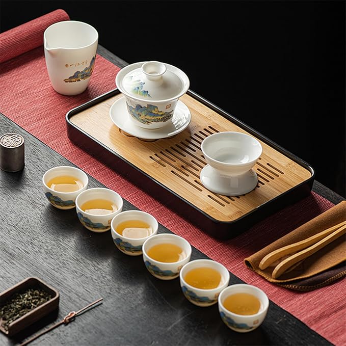 LURRIER Gongfu tea sets, Portable Ceramic TeaSet, Asian Tea sets for adult, Tea Gift sets, Grey leather case, Portable Travel Bag,Home,Gifting,Outdoor and Office(White Jade Thouand Mile and Mountain) - Bloomnest