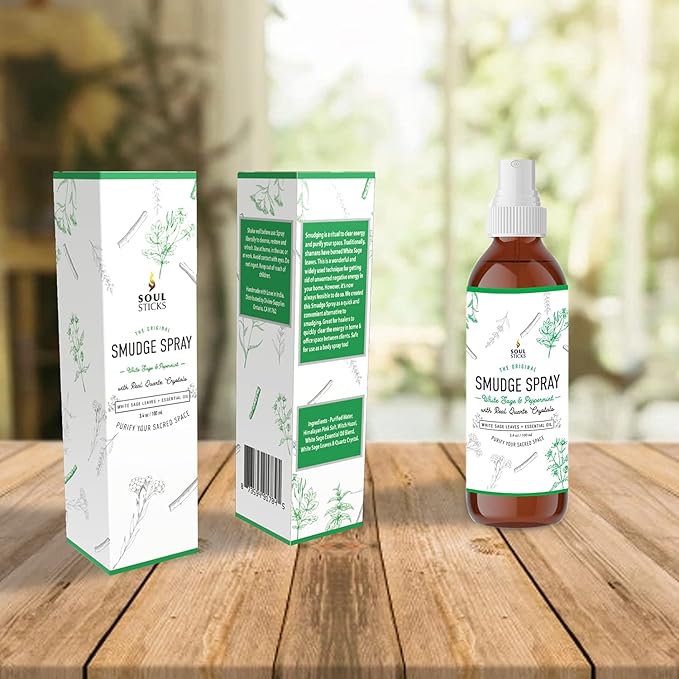 Soul Sticks Smudge Spray for Cleansing Negative Energy and Purifying Home | Made with White Sage and Quartz Crystals | 3.5 oz. Bottle (White Sage & Peppermint) SoulSticks