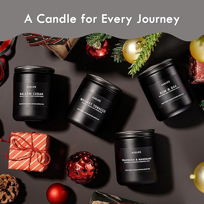 Winter Candle Gift Set for Men – 4 Pack Soy Candles with Balsam Cedar, Teak & Mahogany, Whiskey Tobacco, Rum & Oak – Masculine Scented Candles for Home, Christmas Gift Set for Dad Fathers Day - Bloomnest
