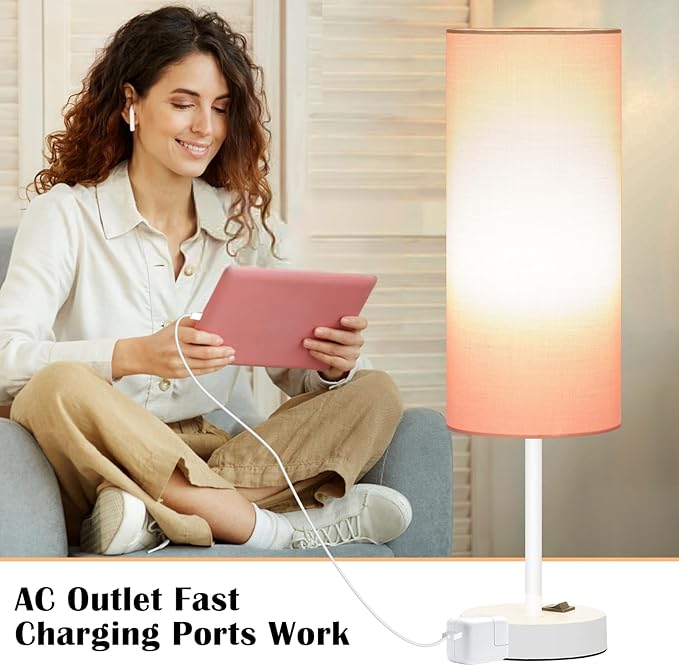 ZJOJO Table Lamp for Bedroom 2 Pack,18in Bedside Lamps with 3 Way Dimmable Rocker Switch & AC Outlet,Nightstand Desk Lamp with Pink Fabric Shade White Base for Living Room Home Decor Lights - Bloomnest