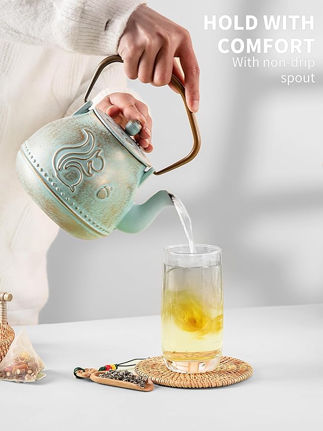 Toptier Teapot with Removable Infuser, Cast Iron Tea Kettle Stovetop Safe, Squirrel Design Tea Pot Coated with Enameled Interior for 32 Ounce (950 ml), Aqua - Bloomnest
