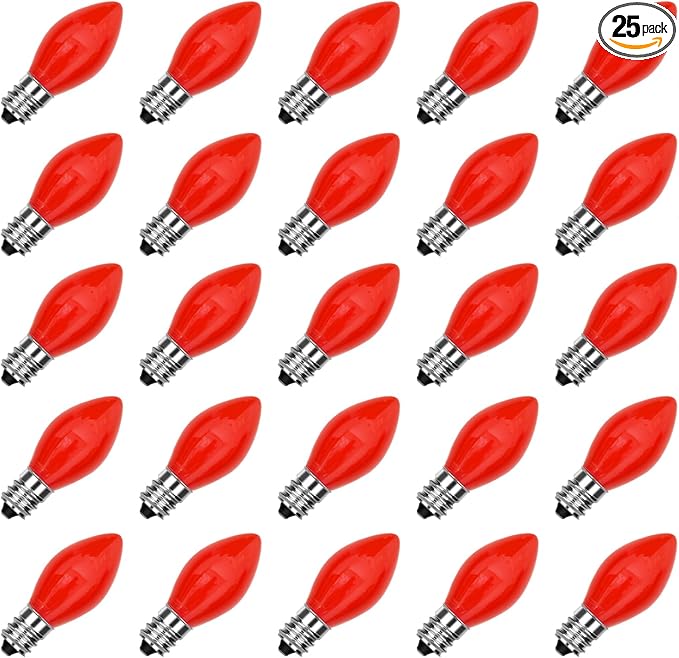 SUNSGNE C7 Red Christmas Replacement Night Light Bulbs, 5 Watt E12 Candelabra Base Bulbs - Great for Small Night Lights, Decorative Lights, Christmas Outdoor String Lights, Pack of 25 - Bloomnest
