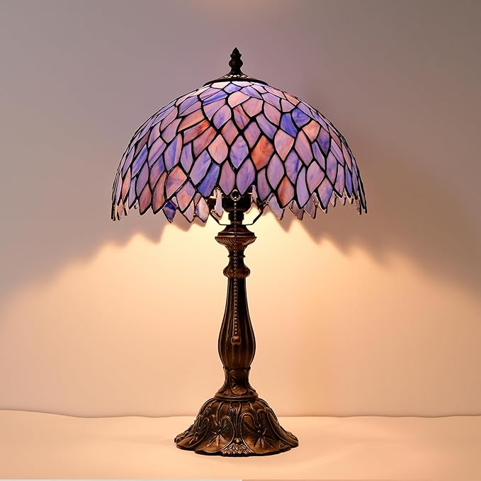 Tiffany Style Table Lamp Vintage Stained Glass Desk Lamp Deep Blue Purple Wisteria Bedside Reading Light Decor Bedroom Living Room Home Office D12 xH18 - Bloomnest