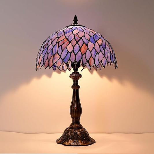 Tiffany Style Table Lamp Vintage Stained Glass Desk Lamp Deep Blue Purple Wisteria Bedside Reading Light Decor Bedroom Living Room Home Office D12 xH18 - Bloomnest