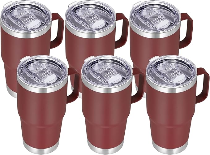 VEGOND 20 oz Tumbler Bulk with Handle Lid and Straw, Stainless Steel Insulated Travel Coffee Mug Set, Spill Proof Double Wall Metal Tumblers Cups, Wine Red 6 Pack - Bloomnest