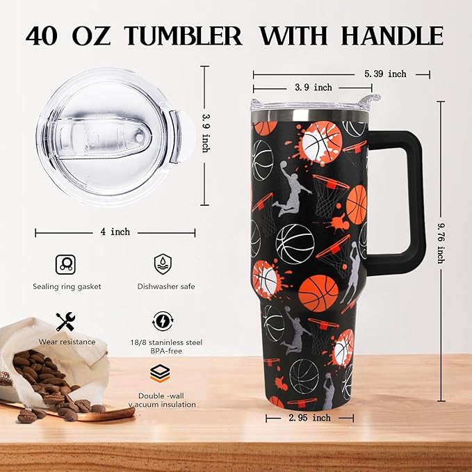 Ceovfoi 40 oz Basketball Coffee Mug Cup Vacuum Insulated Travel Tumbler with Handle Lid and Straw,Basketball Coach Gifts,Accessories Stuff - Bloomnest