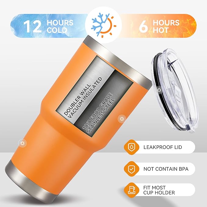 30 oz Tumbler with Lid Stainless Steel Tumblers Vacuum Insulated Cup Reusable Powder Coated Travel Mug Double Wall Leak Proof Portable Cups Keep Cold Drinks for 12 Hours, Orange, 1 Pack