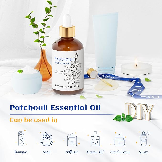 HIQILI Patchouli Essential Oil Organic, 100% Pure, for Diffuser, Homemade Perfume, Skin Care, Aromatherapy, Gift for Hippie Friend-30ML - Bloomnest