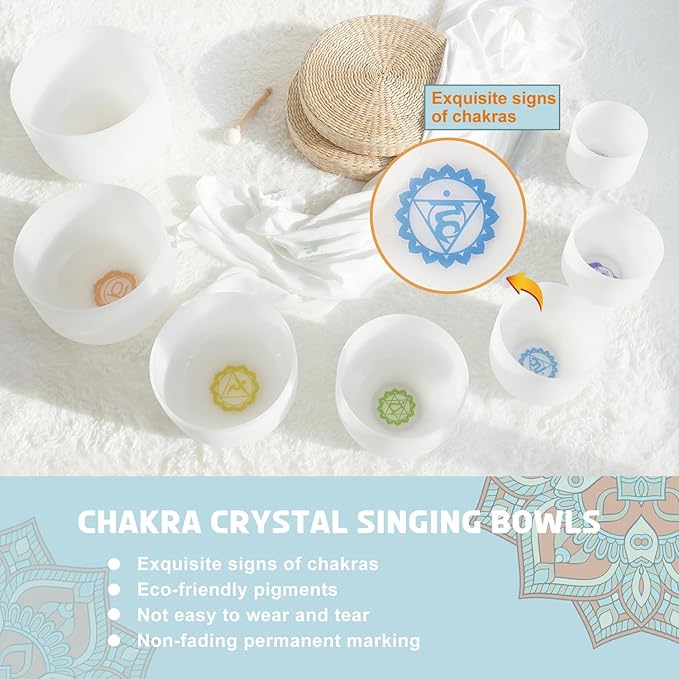 440HZ 6"-12" Set of 7 Paternoster Frosted Quartz Crystal Singing Bowl Set for Chakra Sound Healing Meditation with 2 pcs Carrying Case - Bloomnest