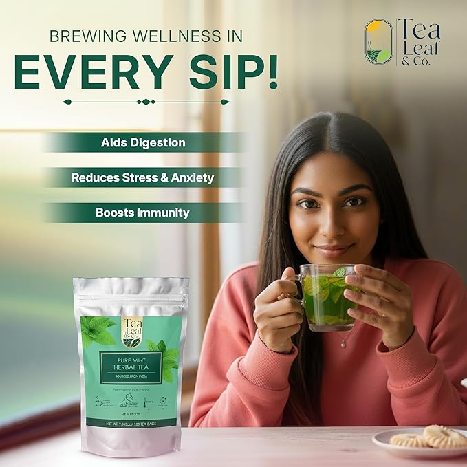 Tealeaf & Co. Pure Mint Herbal Tea Bags Blended with Fresh Herbs - Spearmint & Peppermint Tea - Contains Low Caffeine - Gluten Free - 100 Teabags (7.055oz/200gm) - Bloomnest