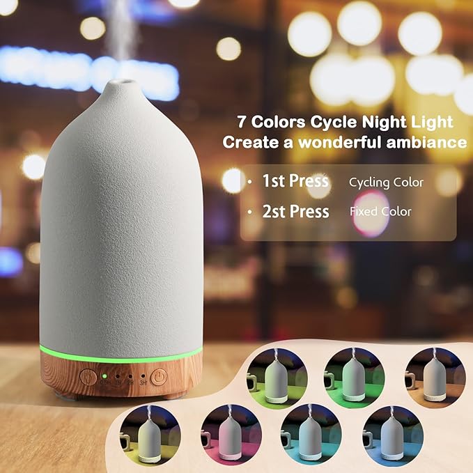 Diffuserlove Ceramic Essential Oil Diffuser 160ML Aromatherapy Diffuser for Home Bedroom Room Cool Mist Humidifier Stone Air Diffusers with Yellow Wood Pattern Base (Size:6.8" H x 3.6" W) - Bloomnest
