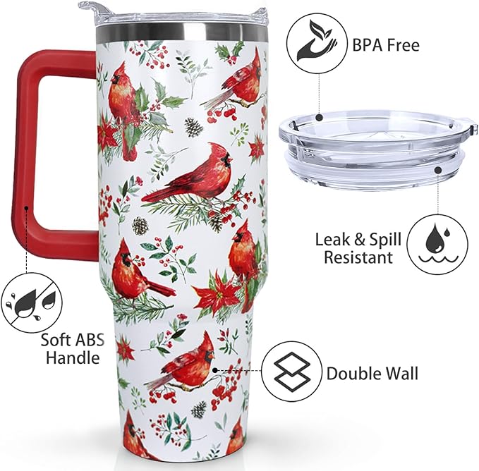 Ceovfoi 40 Oz Red Cardinal Tumbler With Handle,Christmas Coffee Travel Mug Cup, Red Cardinal Decor, Christmas Gifts for Women - Bloomnest