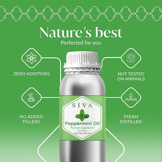 Siva Peppermint Essential Oil - 16 Fl Oz – 100% Natural Peppermint Oil - for Diffuser, Face, Skin Care, Aromatherapy, Hair Care, Scalp and Body Massage SIVAOrganics