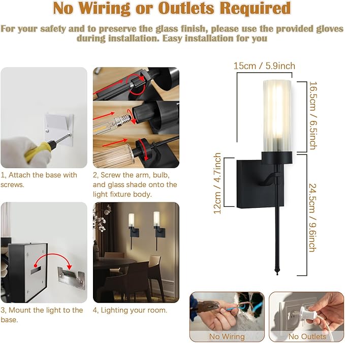 Battery Operated Wall Sconce Set of Two with Remote, Black Rechargeable Wireless Wall Lights, Sconces Wall Decor Set of 2 Dimmable 2700K Battery Powered Sconce for Bathroom Living Room Hallway - Bloomnest
