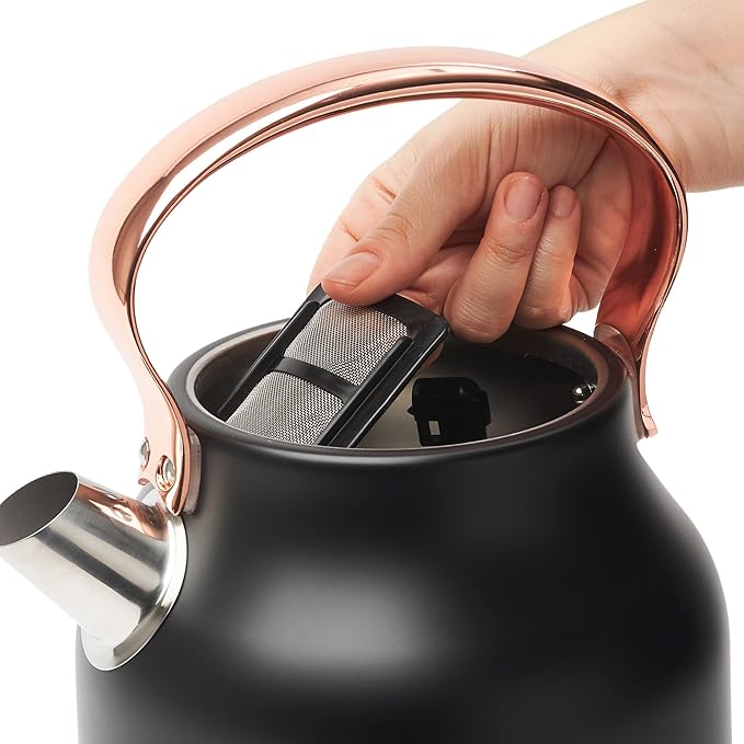 Haden Heritage 1.7 Liter Stainless Steel Electric Kettle, Hot Water Tea Kettle with 360-Degree Base and Auto Shutoff, Black & Copper - Bloomnest