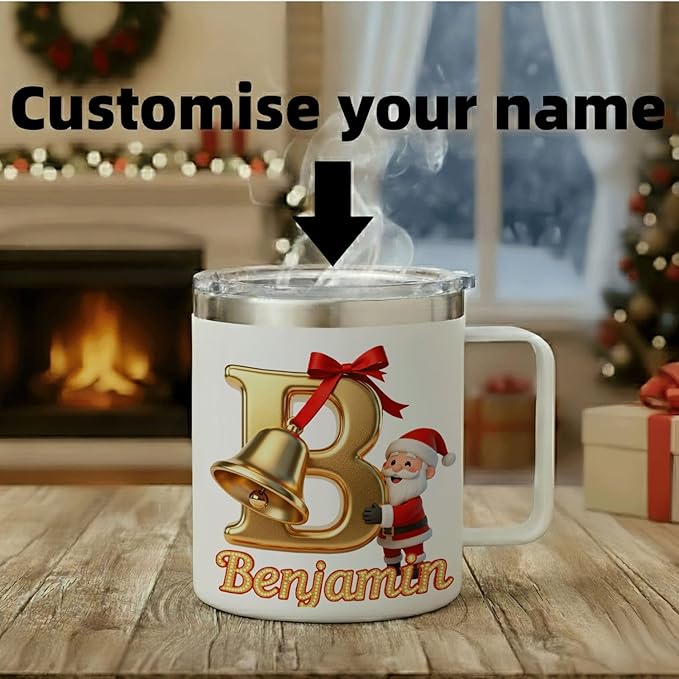 Personalized Christmas Mug | Custom Golden Bell Initial Insulated Coffee Cup with Handle & Lid | 12oz Holiday Tumbler, Cute Santa Gift for Kids & Family (B33) - Bloomnest