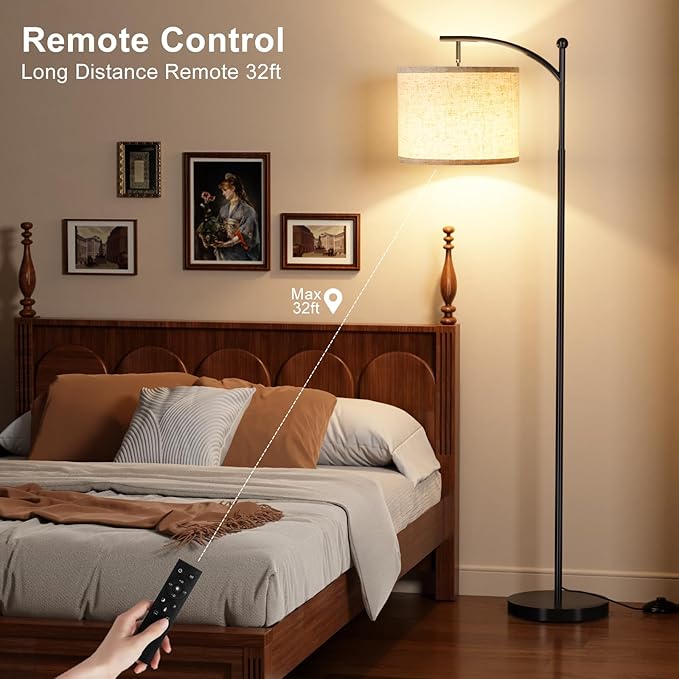 Ambimall 60" Floor Lamp with Remote Control and Stepless Dimmable Bulb, Colors Temperature & Brightness Adjustable, Modern Floor Lamps for Living Room（Beige Shade & Black Pole） - Bloomnest