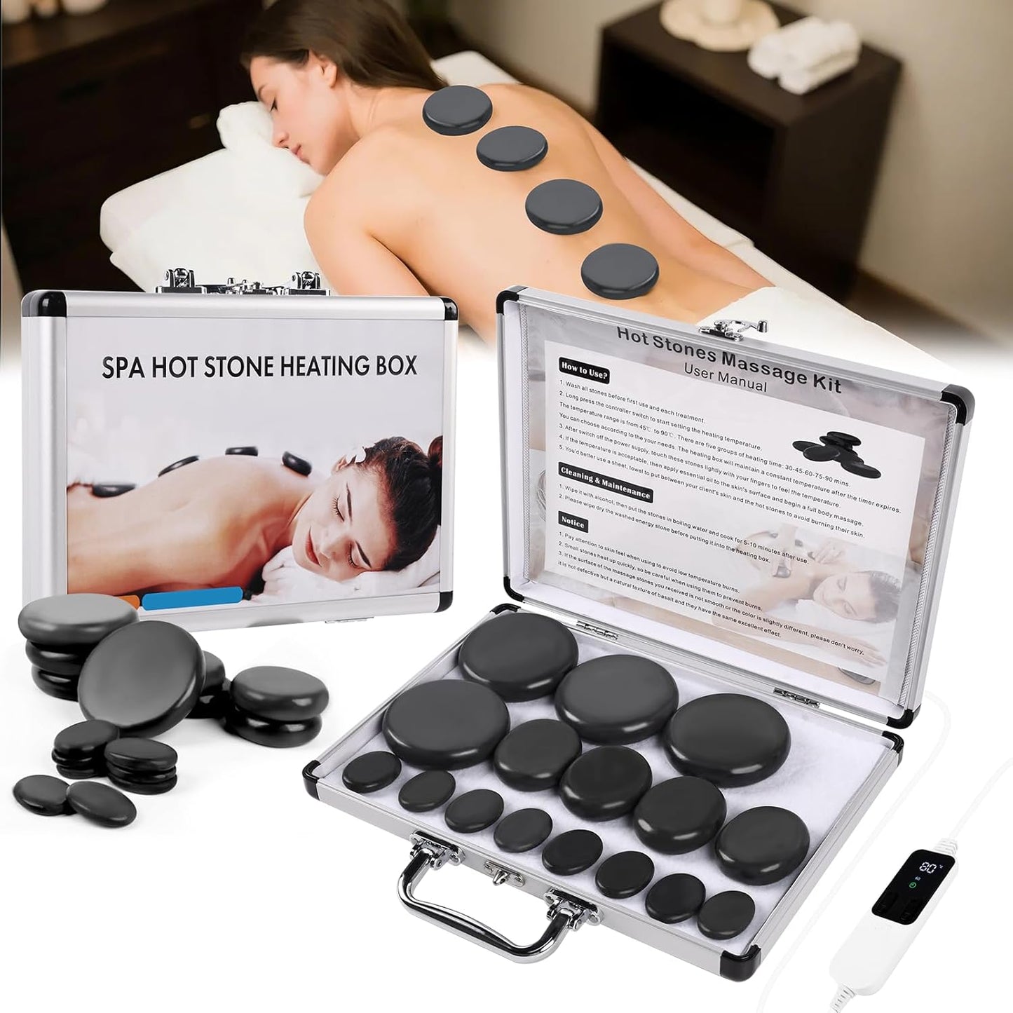 Meifuly Massage Oil Warmer and 16Pcs Hot Stones Massage Set with Temperature Adjustment