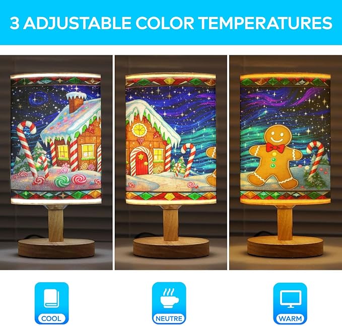 Gingerbread House & Gingerbread Man Table Lamp LED 3-Color Pressed Bedside for Merry Christmas, Gingerbread Shade Christmas Table Lamp with Wood Base for Bedroom Living Room Desk Office - Bloomnest