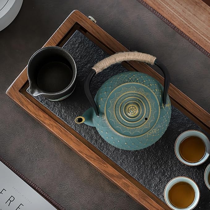 Ufine Japanese Style Cast Iron Teapot for Stove Top with Stainless Steel Infuser Loose Leaf Tetsubin Grid Design Blue Tea Kettle 40oz/1200ml - Bloomnest