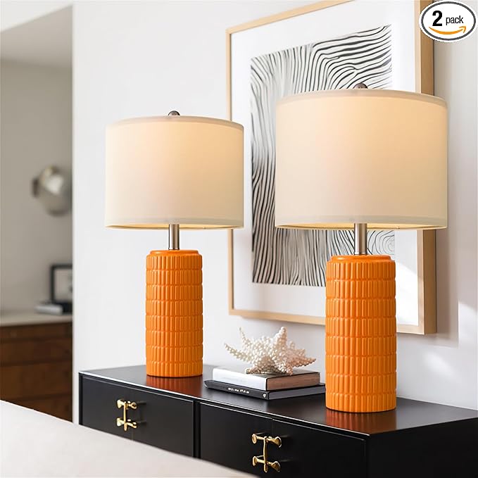 PoKat 23" Orange Table Lamps Decor for Living Room Set of 2, Modern Living Room Lamps for End Table, Ceramic Table Lamps for Bedroom, Contemporary Nightstand Lamps for Home Bedroom Decor - Bloomnest