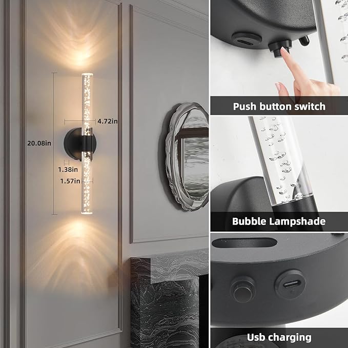 Battery Operated Wall Sconces Set of 2, Black 20'' Rechargeable Crystal Bubble Wall Sconce with Remote Control, 3000K-6000K Dimmable LED Wireless Wall Lights for Living Room Bedroom Bathroom Hallway - Bloomnest