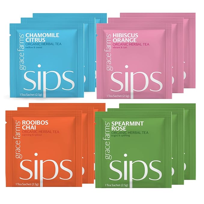 Grace Farms HERBAL TEA VARIETY Box (12 Enveloped Sachets) | 4 Naturally Sweet, Caffeine Free Flavors | Chamomile Citrus, Hibiscus Orange, Spearmint Rose, & Rooibos Chai | Organic, Fair Trade & Kosher | Gives Back 100% of Profits - Bloomnest