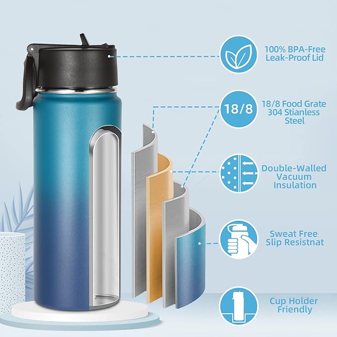 Volhoply 16 OZ Kids Water Bottle Bulk 8 Pack,Insulated Sports Bottles with Straw Lid,Stainless Steel Bottle with Handle Keep Cold & Hot,Double Wall Vacuum Tumbler Cups for School(Dark Night, 8) - Bloomnest