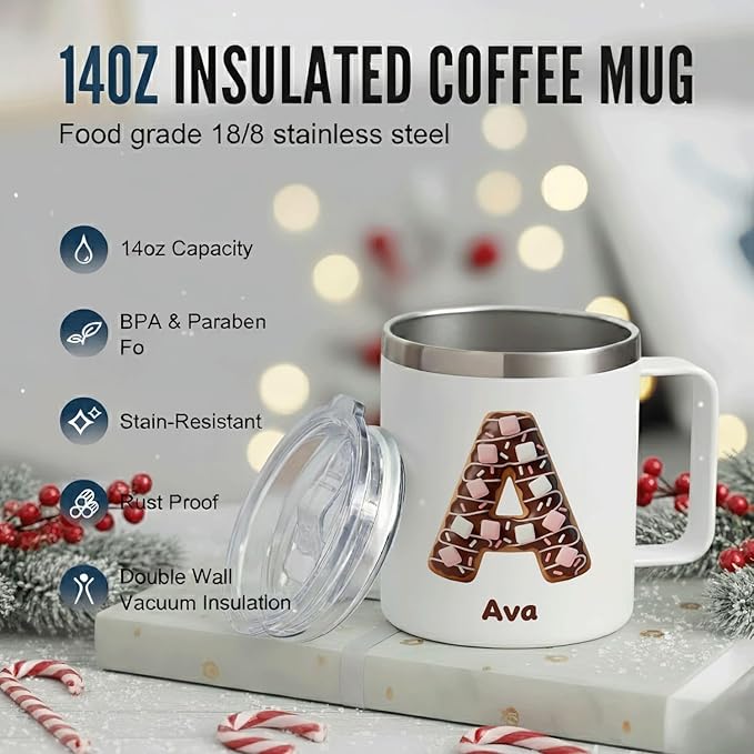 Personalized Christmas Mug | Custom Gingerbread Initial Insulated Coffee Cup with Handle & Lid | 12oz Holiday Tumbler, Cute Stocking Stuffer Gift for Women & Kids (B07) - Bloomnest
