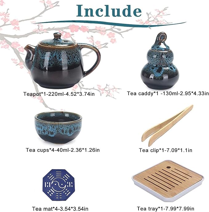Chinese Kongfu Tea Set,Portable Porcelain Travel Tea Set with Tea cup, teapot, tea caddy, Bamboo Tray,Tea Clip,Tea towel and Carrying Bag Suitable for Travel, Home,Outdoor and Office