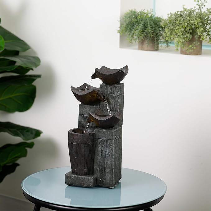 Alpine Corporation TZL414 14" 4 Tier Squared Bowls Fountain with LED Lights, Elegant Tabletop Water Feature for Home, Office, Living Room, Bedroom & Desk Decor, Gray - Bloomnest