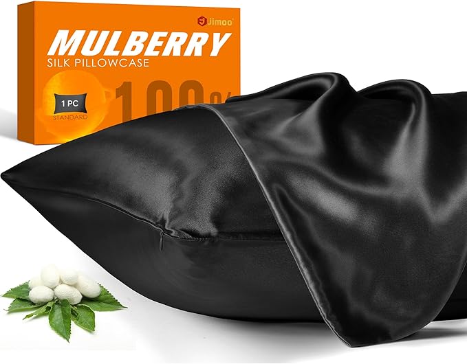 100% Mulberry Silk Pillowcase for Hair and Skin, 22 Momme Pure Natural Silk Pillow Case Both Sided with Zipper, Pillow Cover for Women Mom Men (Black, Standard 20''×26'', 1 Pack) - Bloomnest
