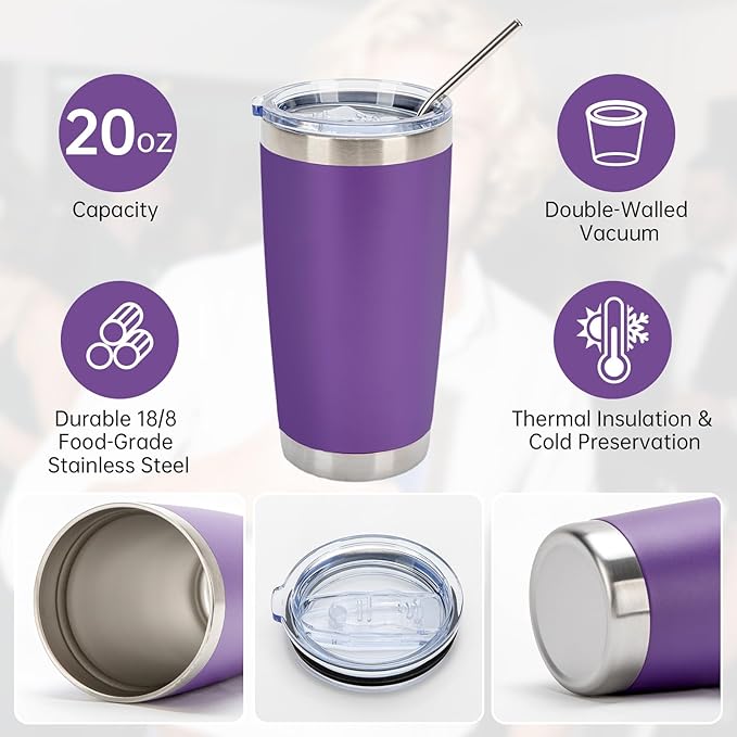 IEOVIEE 32 Pack, 20oz Stainless Steel Bulk Tumblers with Lids and Straws, Double Wall Insulated Travel Mug, Durable Powder Coated Tumbler Bulk Cup for Cold and Hot Drinks(Purple) - Bloomnest