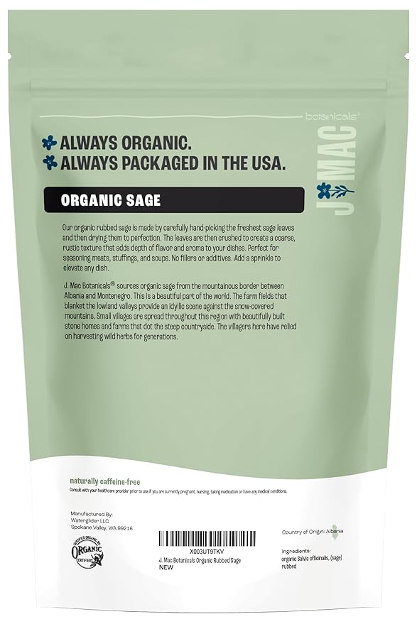 J Mac Botanicals, Organic Rubbed Sage (4 oz), Certified USDA Organic, Dried Rubbed Sage Leaf. Culinary Grade-excellent for sausage making, fresh Albanian harvest - Bloomnest