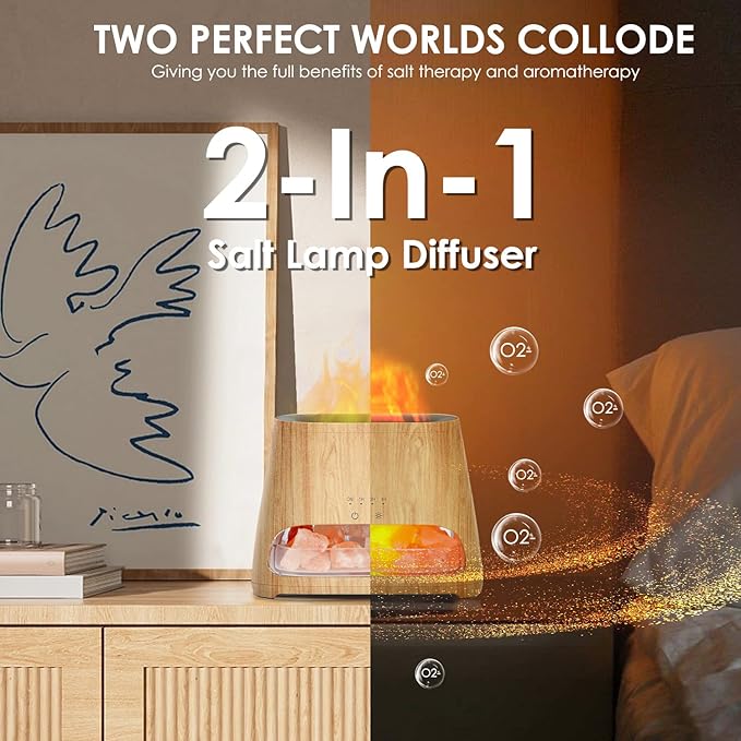 SALKING 2-in-1 Ultrasonic Essential Oil Diffuser & Himalayan Salt Lamp, Aromatherapy Diffuser Cool Mist Humidifier with Auto Off Function, 100% Pure Himalayan Pink Salt Rock, 150ml (Wooden Grain) - Bloomnest