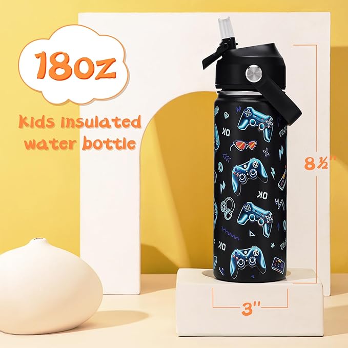 18oz Kids Insulated Water Bottle with Straw Lid - 18/8 Stainless Steel Kid Cup BPA-FREE Travel Tumbler Double Wall Vacuum Leak Proof Portable Toddler Water Bottle (Game) - Bloomnest