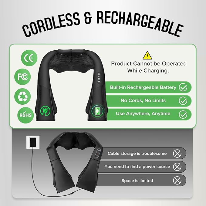 Cordless Shiatsu Neck and Shoulder Massager, Back Massager with Heat,Massage Deeper Tissue 4D Kneading Massage for Shoulder, Neck and Back, Use at Home, Office, Car - Gifts for Fathers Day Dad Gift