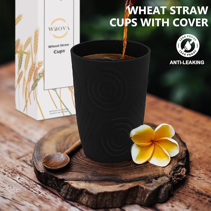 Wrova Wheat Straw Cups 16oz Set of 8 with Silicone Covers - Alternative Plastic Cups Reusable- Microwave & Dishwasher Safe - Unbreakable Plastic Drinking Cups for Camping - Black - Bloomnest