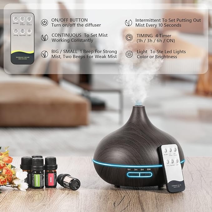 SACATR 550ml Oil Diffuser with 30x5 mL Essential Oils, Ultrasonic Technology, Remote Control for Home Office - Bloomnest